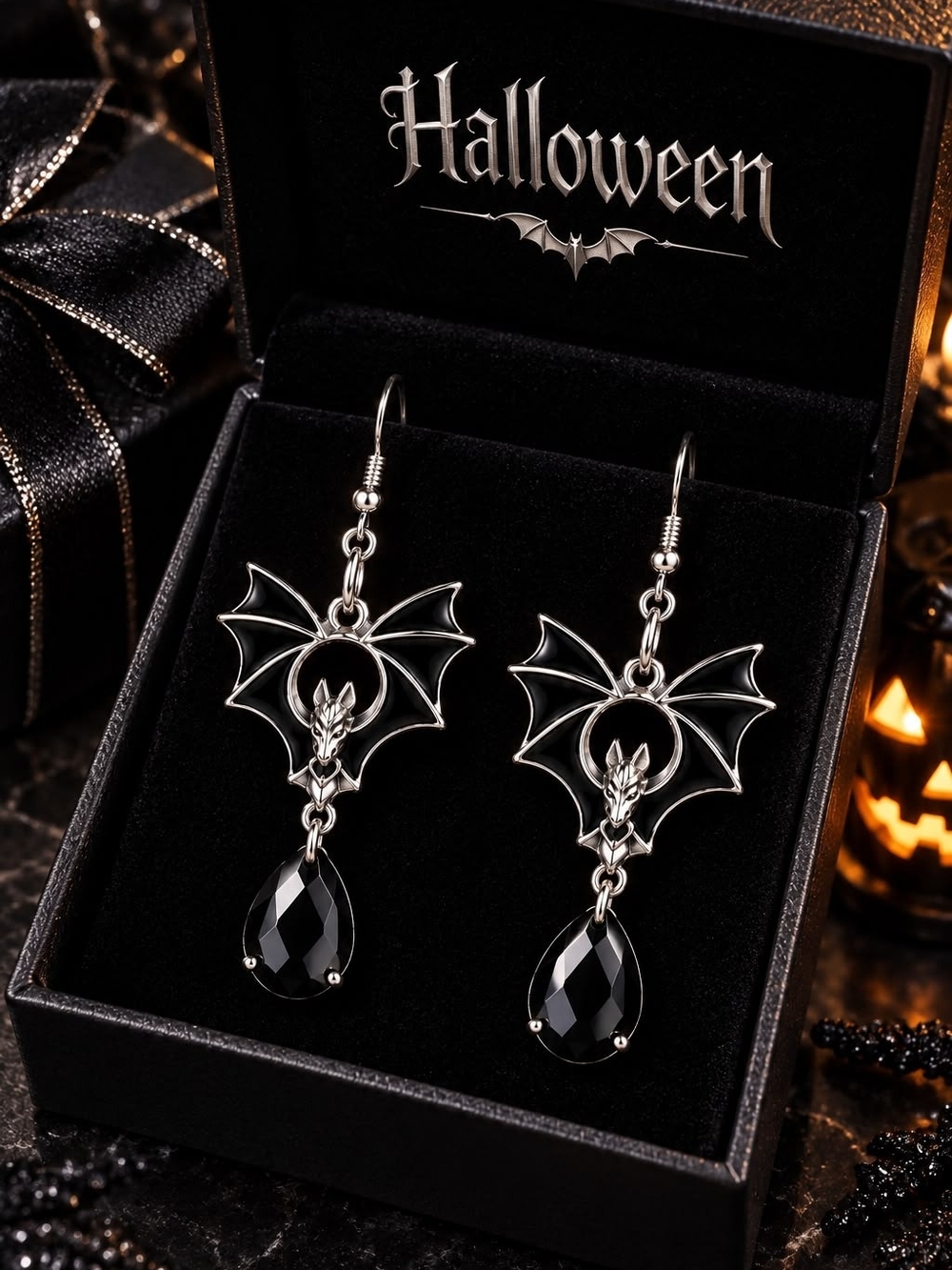 Bat Drop Earrings in Black & Silver Like New